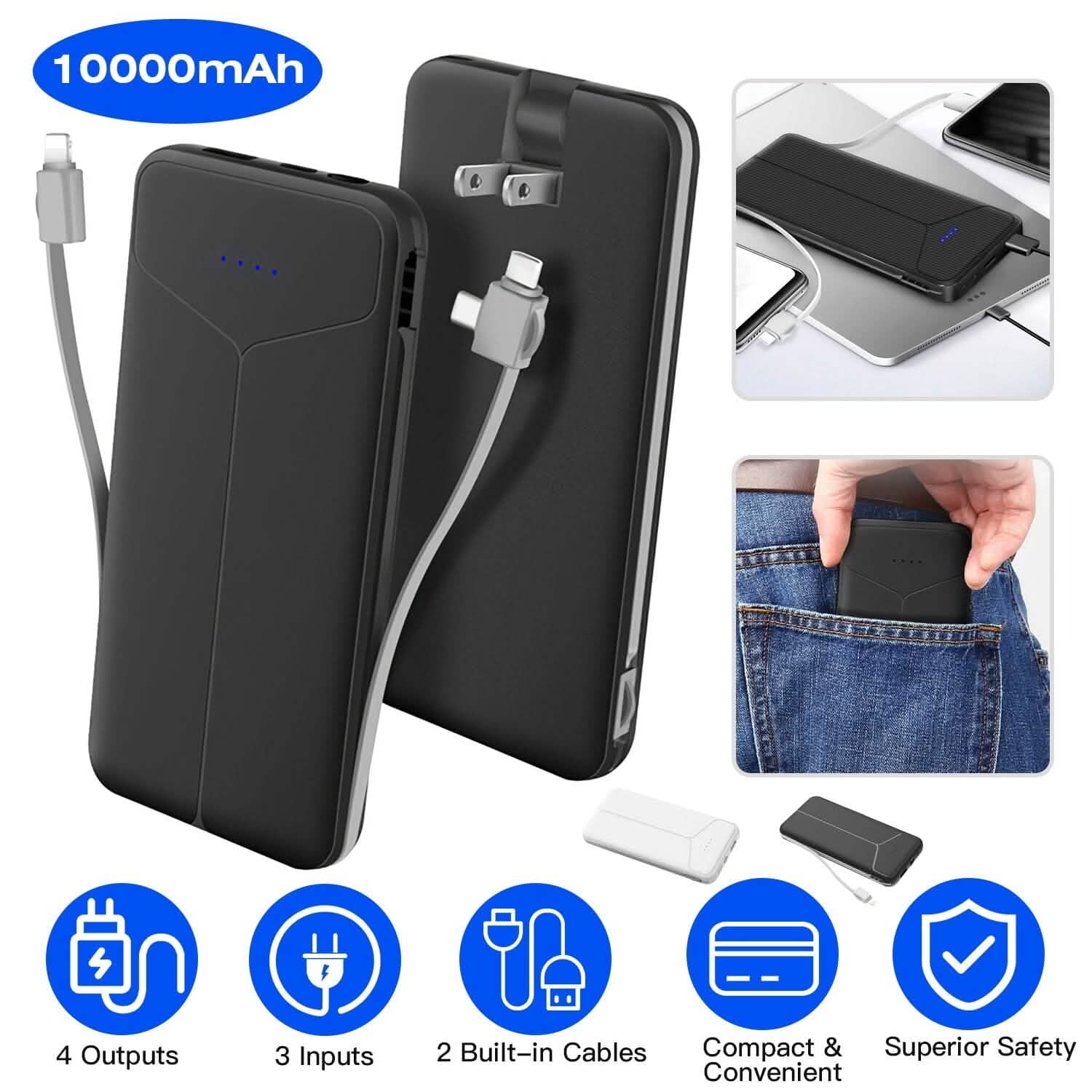 10000mAh Power Bank with Built-In Cables