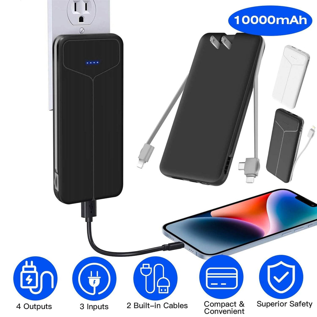 10000mAh Power Bank with Built-In Cables