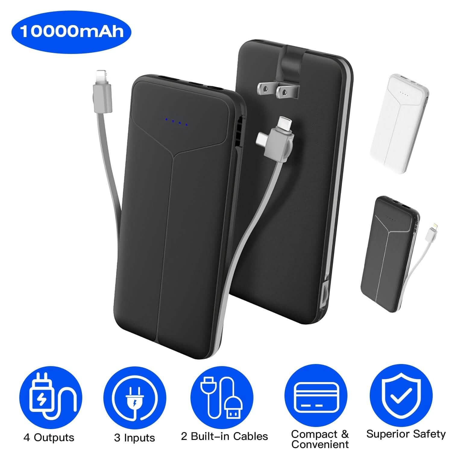 10000mAh Power Bank with Built-In Cables