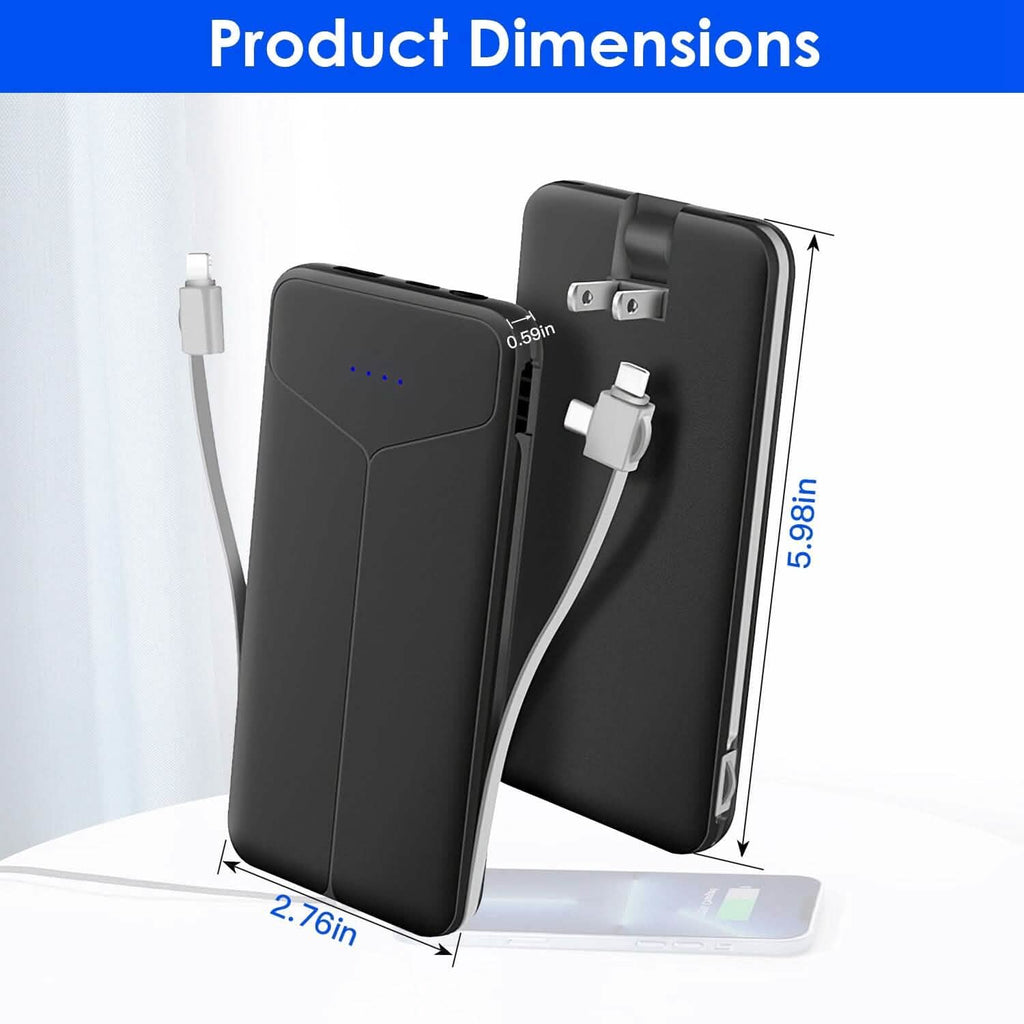 10000mAh Power Bank with Built-In Cables