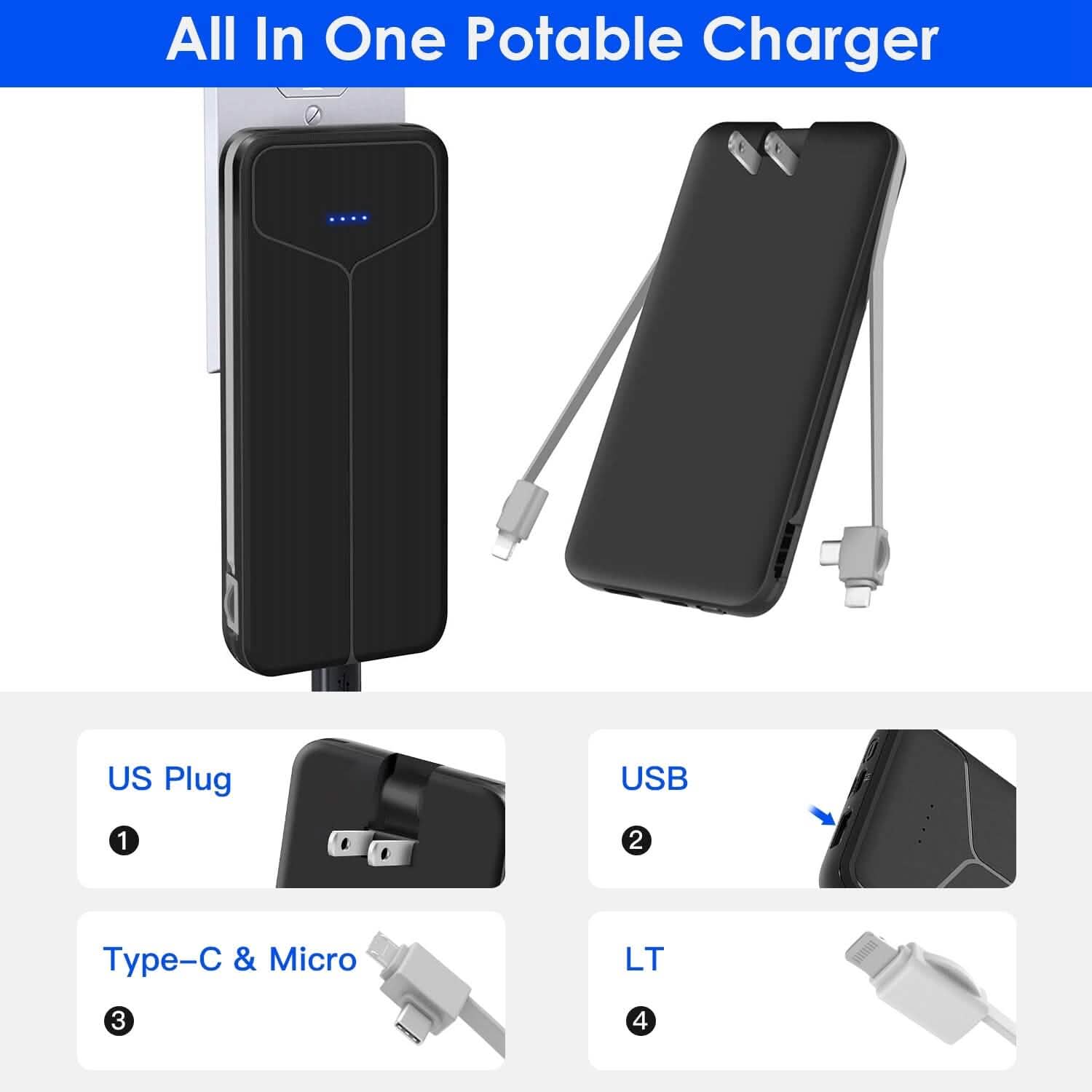 10000mAh Power Bank with Built-In Cables